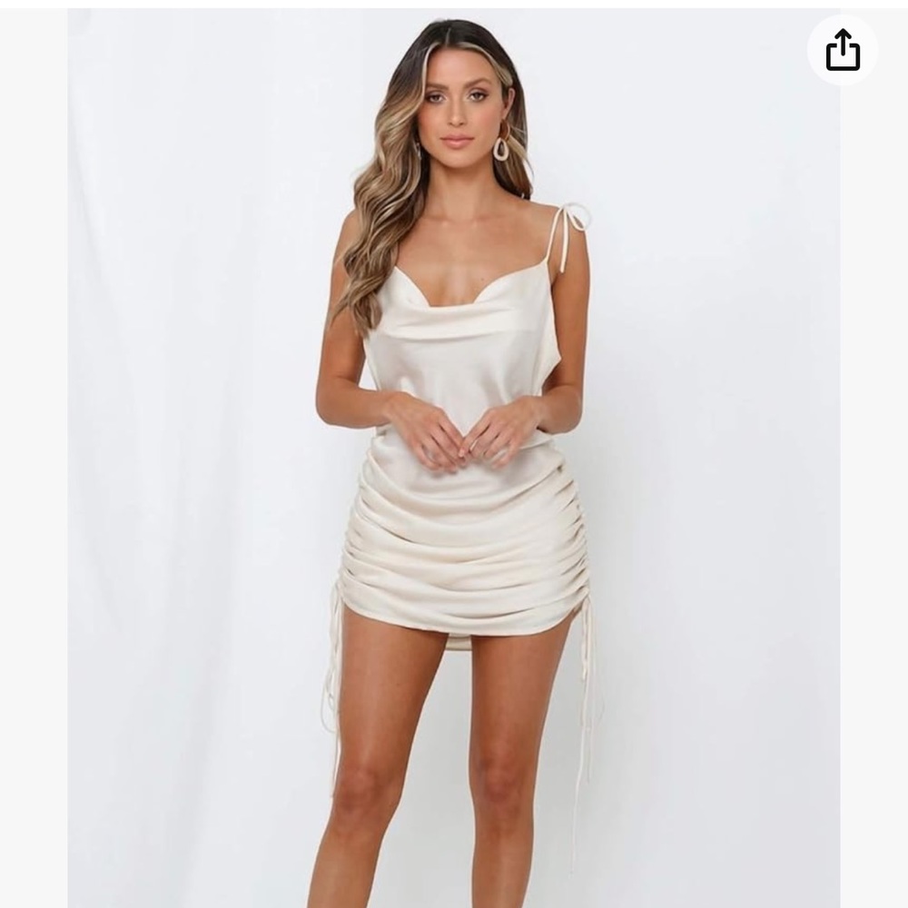 White Drawstring Ruched Cowl Neck Satin Mini Slip Dress